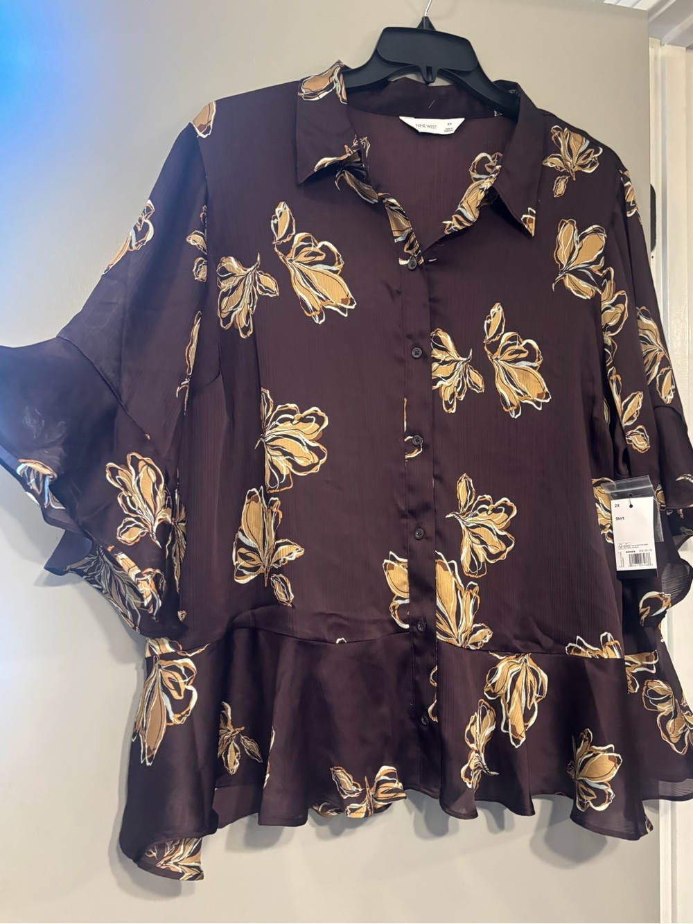 Nine West Wine Floral Ruffle Hem Button-Up Blouse
